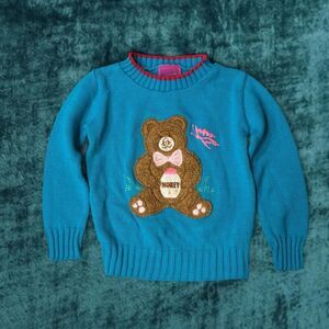 Vintage Toddler Handstands Blue Bear Graphic Embroidered Knit Sweater